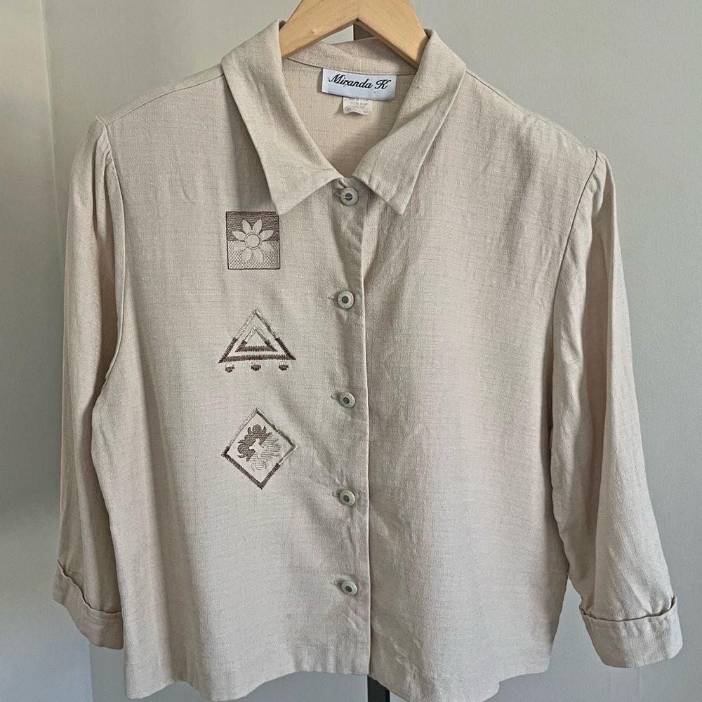 Vintage Abstract Embroidered Button Up Blouse Womens L Petite Linen Look 90s - Picture 2 of 10